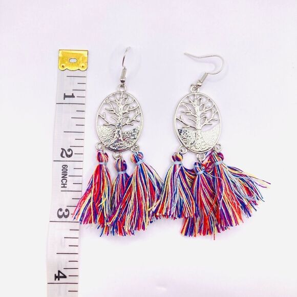 Silver Tree pendant colorful Long Tassel Earrings - Picture 4 of 4